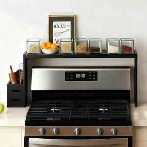 lot 59396 image: BESLCEID 31-inch bamboo stove rack for above the hob, kitchen bamboo spice rack, supports up to 50 pounds. Bamboo stove rack for storing spices and kitchen utensils. (Black)