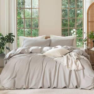 lot 59402 image: MooMee Bedding Duvet Cover Set 100% Washed Cotton Linen Like Textured Breathable Durable Soft Comfy (Heathered Cream Grey, Palatial KingOversized King 120x98) - Retail $100