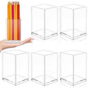 lot 59410 image: 6 Pieces Clear Acrylic Pen Holder Makeup Brush Holder Desktop Holder Desk Goth Accessories Square Stationery Organizer, Transparent Pencil Holder Acrylic for Home Office School - Retail $15