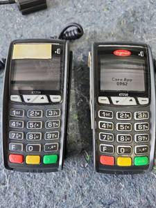 lot 115 image: Pair of Ingenico ICT250 Credit Card Terminal - Both Power ON - Only One Regular DC Power Supply - Retail $75