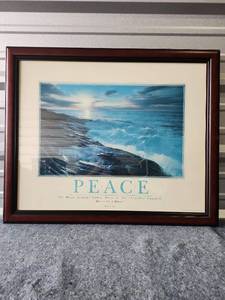 lot 167 image: Framed Ocean Sunset PEACE Motivational Wall Art - 34 x 28 - Retail $35