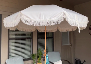 lot 43307 image: White Fringed Patio Umbrella 6.5ft