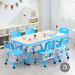 lot 17552 image: Garvee Kids 7 in 1 Table & Chairs Set in Ergonomic Design, Height Adjustable, Max 300lbs for Home & Classroom Use, Blue - Retail $329