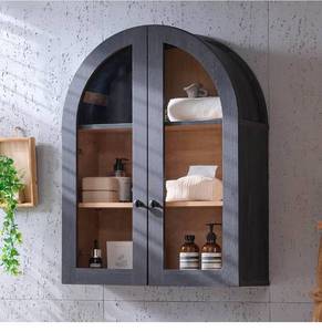 lot 17560 image: Bathroom Arched Wall Cabinet Over The Toilet Storage Cabinet, 23.5�31.4 Inch bathroom cabinet wall mount with Glass Doors & Adjustable Shelves, Wood Cabinet for Laundry Room, Bedroom Kitchen, Dark Grey - Retail $0