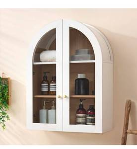 lot 17561 image: Bathroom Arched Wall Cabinet Over The Toilet Storage Cabinet, 23.5�31.4 Inch bathroom cabinet wall mount with Glass Doors & Adjustable Shelves, Wood Cabinet for Laundry Room, Bedroom Kitchen��White - Retail $0