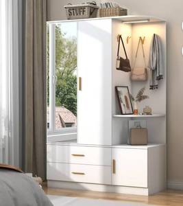 lot 17562 image: Blotout 2 Door Armoire Wardrobe Closet with Mirror & Sensor Lights, 71 Large Wardrobe Armoire with 2 Drawers & Shelves, Modern Wooden Armoire Storage with Hanging Rod for Bedroom, White - Retail $289