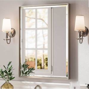 lot 17568 image: Brushed Nickel Bathroom Mirror, 24x32 Inch Beveled Framed Bathroom Mirror Anti-Rust, Brushed Nickel Metal Frame Bathroom Vanity Mirror for Wall, VerticalHorizontal Wall-Mounted Mirrors - Retail $76