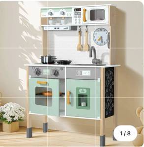 lot 17577 image: Play Kitchen Wooden Kids Kitchen Playset Pretending Toys for Toddlers with Real Lights & Sounds, 3 Heights Adjustable, Chalkboard, 35Pcs Toy Food & Cookware Accessories-Green - Retail $109