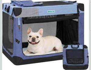 lot 17583 image: Gardner Pet 26 Inch Collapsible Dog Crate -3 Door Portable Travel Dog Crate for PuppySmall Dogs Indoor & Outdoor,Soft Foldable Pet kennel with Durable Mesh Windows & Storage Bag, Blue - Retail $64