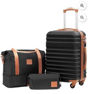 lot 17586 image: Coolife Suitcase Set 3 Piece Luggage Set Carry On Hardside Luggage with TSA Lock Spinner Wheels (Black, 3 piece set (DBTB20)) - Retail $79