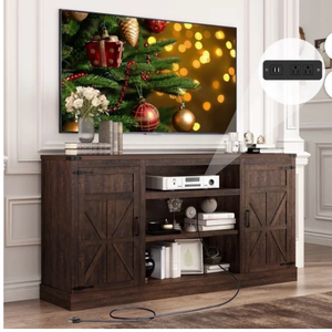 lot 17591 image: Farmhouse TV Stand for 65 70 up 75 TVs with Power Outlet, 33 Tall TV Stand Entertainment Center with Storage, Brown TV Consoles for Living room Bedroom - Retail $199