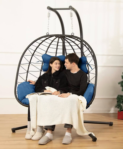 lot 17592 image: Double Egg Chair with Stand Hammock Swing Chair Foldable Hanging Loveseat, UV Resistant Removable Cushions, 700LBS Capacity for Bedroom, Balcony, Garden(BK-BL) - Retail $239