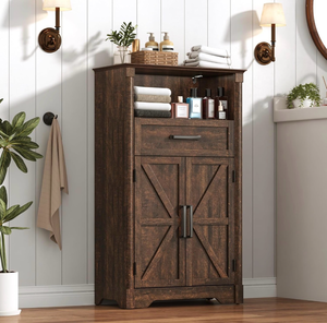 lot 17593 image: Farmhouse Bathroom Storage Cabinet,Bathroom Floor Storage Cabinet with Roman Column Decor,Small End Table for Bedroom with Barn Doors,Small Bathrooms Organizer(Rustic Brown) - Retail $99
