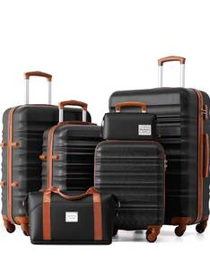 lot 17602 image: LONG VACATION Luggage Set 6 Piece Luggage ABS hardshell TSA Lock Spinner Wheels Luggage Carry on Suitcase (BlackBrown, 6 piece set) - Retail $189