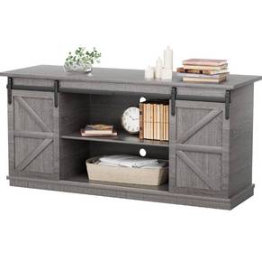 lot 17633 image: TV Stand for Televisions up to 65 Inches, with Sliding Barn Doors and Storage Cabinets, Console Table and Media Furniture for Living Room, Gray - Retail $149