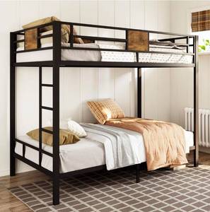 lot 17635 image: Allewie Twin Over Twin Bunk Bed with Rustic Wooden Accents, Sturdy Metal Frame, Space-Saving Design, Noise-Free, Black - Retail $209