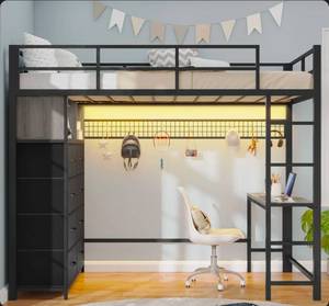 lot 17636 image: Loft Bed With Desk And 8 Storage Drawers, Metal Loft Bed With Led Lights & Charging Sation, Storage Shelves, 13.1 H Safety Guard & Ladder, No Box Spring Needed - Retail $305
