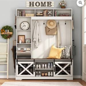 lot 17637 image: 7-in-1 Entryway hall tree with bench and shoe storage, 75H Farmhouse Coat Rack with Shoe Bench, 16 Shoe Cabinets, 7 Coat Hooks, LED Lights and Adjustable Shelf, for Hallways (White) - Retail $199