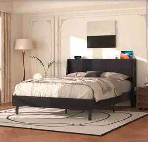 lot 17638 image: Upholstered Bed, Gray Metal Frame Full Platform Bed with Headboard and Wingback, USB and Type-C Ports, Dark Grey  - Retail $199