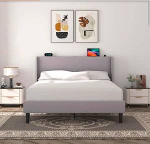 lot 17641 image: Upholstered Bed, Gray Metal Frame Full Platform Bed with Headboard and Wingback, USB and Type-C Ports, Light Grey - Retail $199