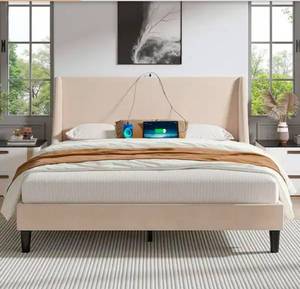 lot 17643 image: Upholstered Bed, Gray Metal Frame Full Platform Bed with Headboard and Wingback, USB and Type-C Ports, Beige - Retail $199