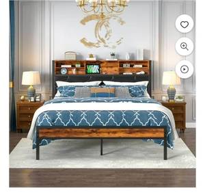lot 17644 image: VECELO Queen Bed Frame with Bookcase Headboard, Metal Platform Bed with LED Light & Charging Station, Storage Bed with Heavy Duty Slats Support, No Box Spring Required, Brown - Retail $199