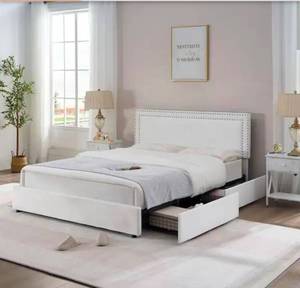 lot 17645 image: Platform Bed Frame White Metal Frame Full Size Platform Bed with 4-Storage Drawers, Upholstered Bed with Headboard - Retail $269