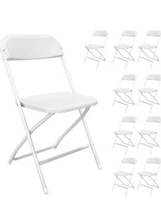 lot 17651 image: 10 Pack White Folding Chairs, Portable Party Chairs, Plastic Folding Chair,Stackable Commercial Seats with Steel Frame for Office Wedding Party Patio Dinning Events, 350lbs Capacity - Retail $119