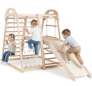 lot 17655 image: Costzon Indoor Playground, 8-in-1 Kids Montessori Jungle Gym Climbing Toys with Baby Slide, Swing, Basketball Hoop, Monkey Bar, Rope Net, Ladder, Wooden Climber Playset for Kids Ages 3-5 (Natural) - Retail $189