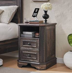lot 17663 image: T4TREAM Farmhouse Nightstand with Charging Station, 18 End Table with 2 Drawers, Wood Side Table, Bedside Cabinet for Bedroom, Living Room (Dark Rustic Oak) - Retail $126