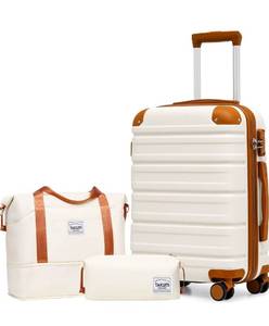 lot 17666 image: TAKUMI Carry On Luggage Set 3 Piece ABSPC Hardshell Suitcases with Duffel Bag Double Spinner Wheels Travel Luggage with TSA Lock Lightweight Suitcase Set(WHITE BROWN, 3 PIECE SET(20DBTB)) - Retail $69