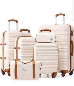 lot 17668 image: LONG VACATION 6 Piece Luggage Set Carry on Suitcase with ABSPC hardshell, Spinner Wheels & YKK Zipper TSA Lock (BEIGE-BROWN, 6 piece set) - Retail $189