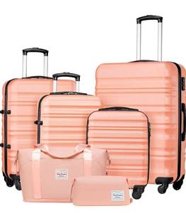 lot 17669 image: LONG VACATION 6 Piece Luggage Set Carry on Suitcase with ABSPC hardshell, Spinner Wheels & YKK Zipper TSA Lock (PINK, 6 piece set) - Retail $189