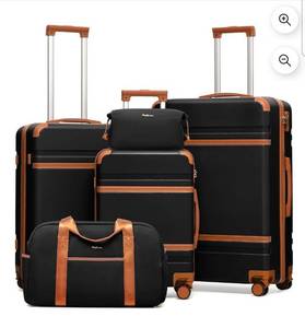 lot 17670 image: LONG VACATION Luggage Sets 5 Piece, Suitcases With Wheels, PCABS Hardshell Luggage Set with Spinner Wheels, TSA Lock (Black Brown) - Retail $139