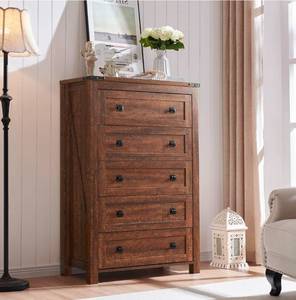lot 17672 image: T4TREAM Farmhouse 5 Drawers Dresser Chests for Bedroom, Wood Rustic Tall Chset of Drawers,Dressers Organizer for Bedroom, Living Room,Hallway, Reclaimed Barnwood - Retail $239