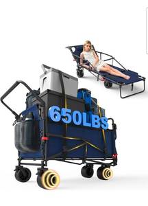 lot 17679 image: LEVELEVE Heavy Duty Folding Wagon - 2-in-1 Collapsible Cart, 650lb Capacity, All-Terrain Wheels wBrakes & Side Pockets (Blue) - Retail $109