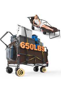 lot 17681 image: LEVELEVE Heavy Duty Folding Wagon - 2-in-1 Collapsible Cart, 650lb Capacity, All-Terrain Wheels wBrakes & Side Pockets (Brown) - Retail $109