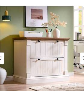 lot 17682 image: Farmhouse File Cabinet, Wood Lateral Filing Cabinet, Storage Cabinet - White - Retail $220