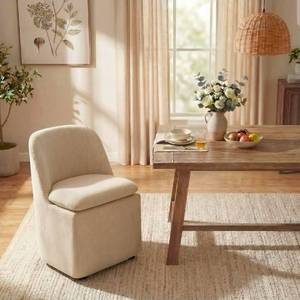 lot 17695 image: Upholstered Dining Chairs with Casters, Washable Cover Modern Dining Room Chairs with Thick Cushion & Sturdy Metal Frame for Kitchen, Living Room, Dressing Room, Sand Fabric, Set of 1 - Retail $149