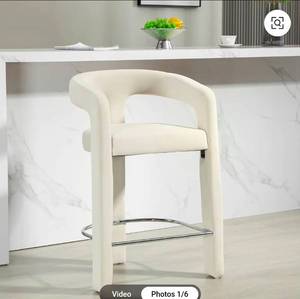 lot 17698 image: Kitchen Counter High Velvet Fabric Barrel Bar Stool Chair with Upholstered 3 Legs, Beige  - Retail $200