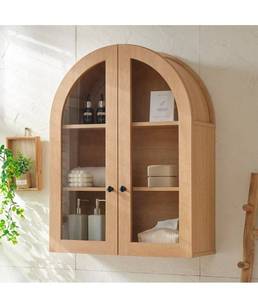 lot 17702 image: Bathroom Arched Wall Cabinet Over The Toilet Storage Cabinet, 23.5�31.4 Inch bathroom cabinet wall mount with Glass Doors & Adjustable Shelves, Wood Cabinet for Laundry Room, Bedroom Kitchen, Natural - Retail $149