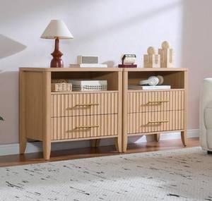 lot 17711 image: Fluted Nightstand with 2 Drawers, 27 Modern Nightstands Set of 2 with Storage, Large Queen Size Bed Side Table and End Table for Bedroom, Living Room, Office,(Natural Oak,2 Pieces) - Retail $237