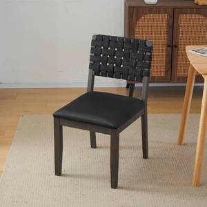 lot 17712 image: Black Woven Wooden Dining Chairs Set of 2, Armless Mid Century Modern Desk Chairs with Rivet&Foot Pegs,Upholstered Farmhouse Comfy Chair No Wheels for Dining Room,Living Room,Kitchen - Retail $99