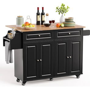 lot 17730 image: Kitchen Island with Storage, Kitchen Cart on 5 Universal Wheels, Mobile Kitchen Island with Rubber Wood Top and Side Rack (Black) - Retail $195