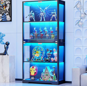 lot 17731 image: Display Cabinet with Glass Doors, 4-Tier Curio Cabinet with 3 Color Lights for Collectibles, Glass Display Case with Human Body Sensor, Bookcase with 4 Shelves, Storage Cabinets, Black - Retail $199