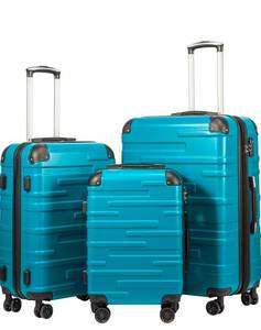lot 17736 image: Coolife Hardside Luggage 3 Piece Set with TSA Lock, Spinner Wheels, Telescopic Handle, Lightweight Travel Suitcases (Lake Blue, 3 piece set) - Retail $159