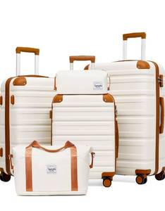 lot 17737 image: TAKUMI Luggage Sets 5 Piece Lightweight Carry On luggage with Duffel Bag ABSPC Hardshell Suitcases with YKK zippers Double Spinner Wheels Travel Luggage with TSA Lock(WHITE BROWN, 5 PIECE SET) - Retail $129