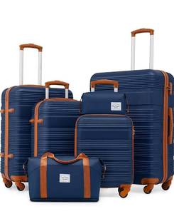 lot 17739 image: LONG VACATION 6 Piece ABSPC Hardshell Luggage Set with Spinner Wheels, Lightweight suitcase set with TSA Lock & YKK Zipper - Retail $179
