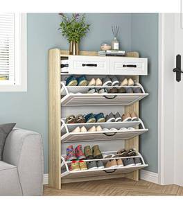 lot 17751 image: Vibe & Dine Shoe Storage Cabinet with 3 Flip Drawers & 2 Horizontal Drawers, Large Shoe Organizer Cabinet Fits for Kinds of Shoes, Narrow Slim Shoe Rack Cabinet for Entryway, Hallway, Oak - Retail $129
