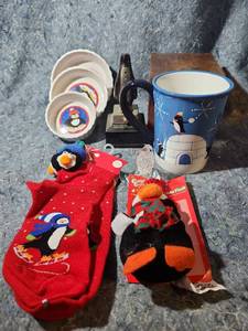 lot 202 image: Penguin Christmas Collection Set - Tabletop Lighter, Ramekins, Mugs, Plushy and More